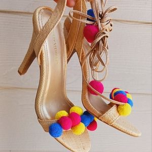 Ashley Stewart pom pom tie up open toe heels